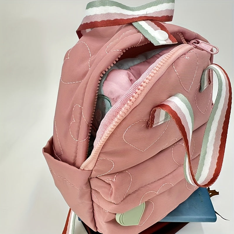 Embroidery Craft - Custom Quilted Heart Backpack, Casual Backpack, Exquisite Quilted Heart Pattern, Adorable, Soft, Comfortable, Exclusive Personal Logo, Charming, Suitable for School, Vacation, Travel, Parties, Etc., Perfect Holiday Gift! Christmas