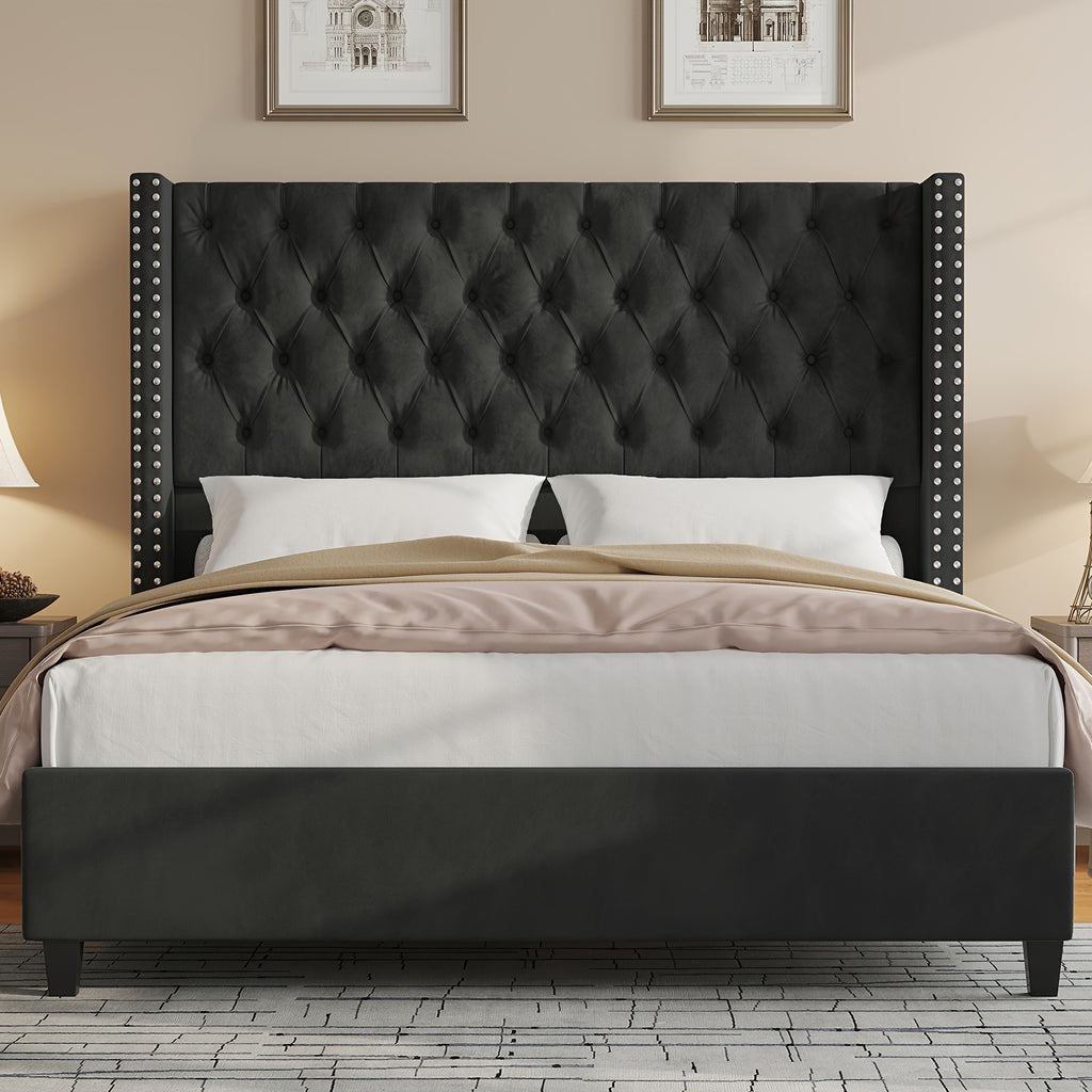 Papajet Fabric Bed Frame with a 51.6" Wingback Headboard Featuring Velvet Material, Deep Button Tufting, And Nail Head Detailing.