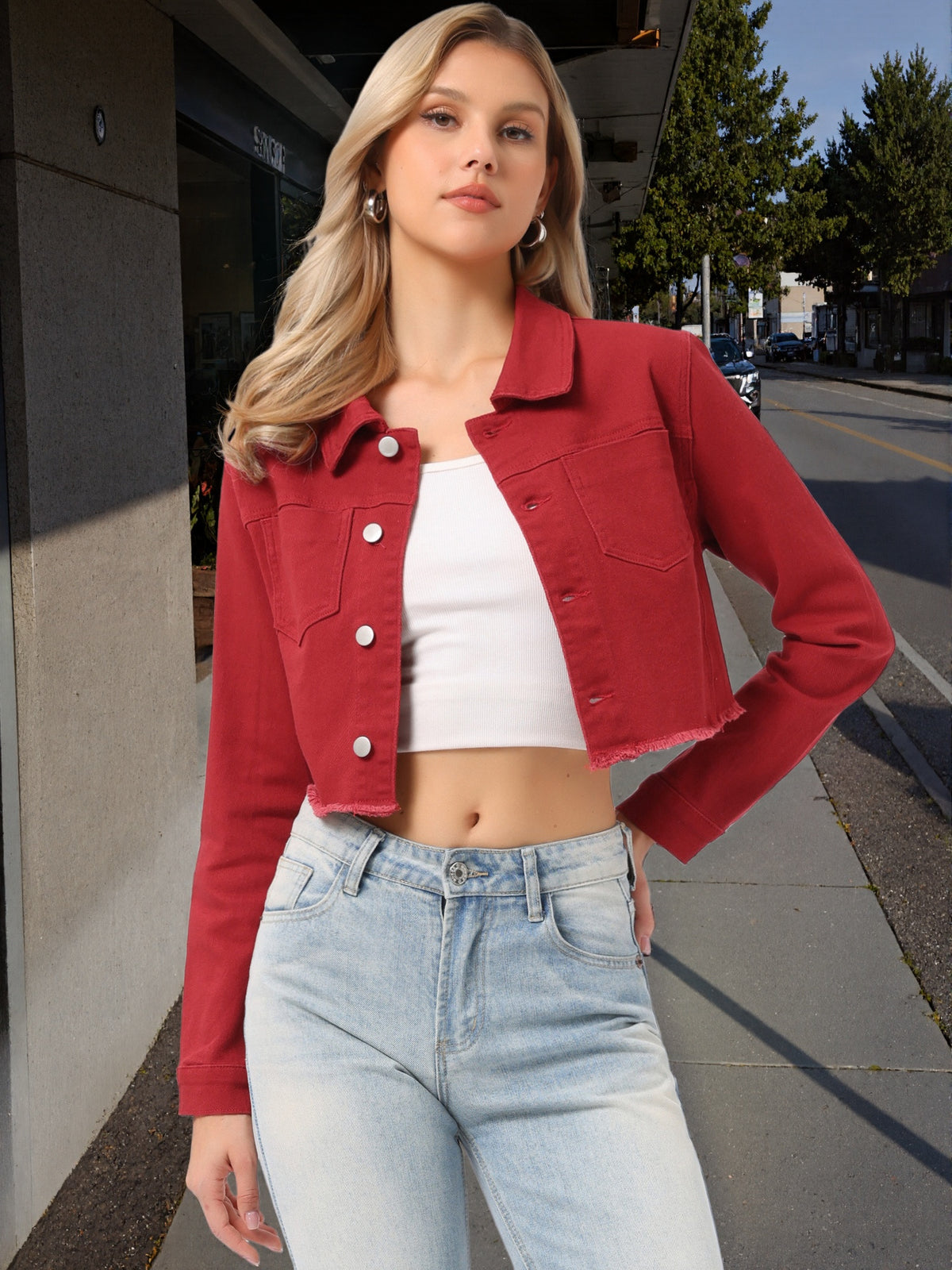 Women'S Denim Jackets Cropped Jean Jacket Trendy Lapel Long Sleeve Button Up Spring Summer Outfits