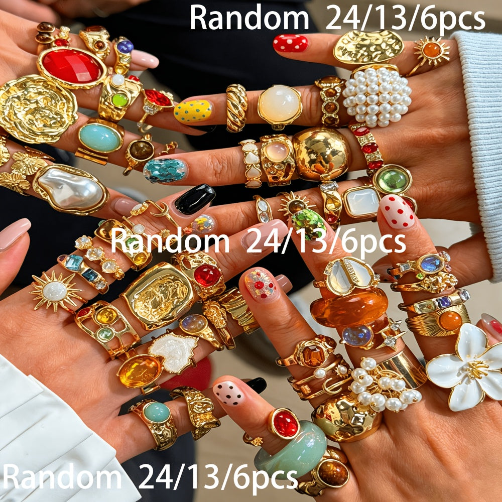 Random 24/13/6pcs Fashion Easy Elegant Grand Luxurious Bling-Bling Sparkling Heart Flower Multicolor Rhinestone Oil Drop Flower Star Imitation Cat'S Eye Stone Sun Wide Band Ring Set Women'S Vacation Party Date Casual Travel Banquet Wedding Daily Mat
