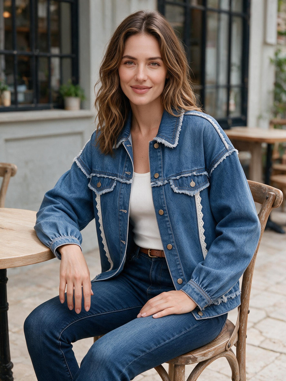 Women'S Loose Denim Jacket with Raw Edge Distressed Details And Lace Trim Splicing, Versatile Casual Style for Everyday Wear