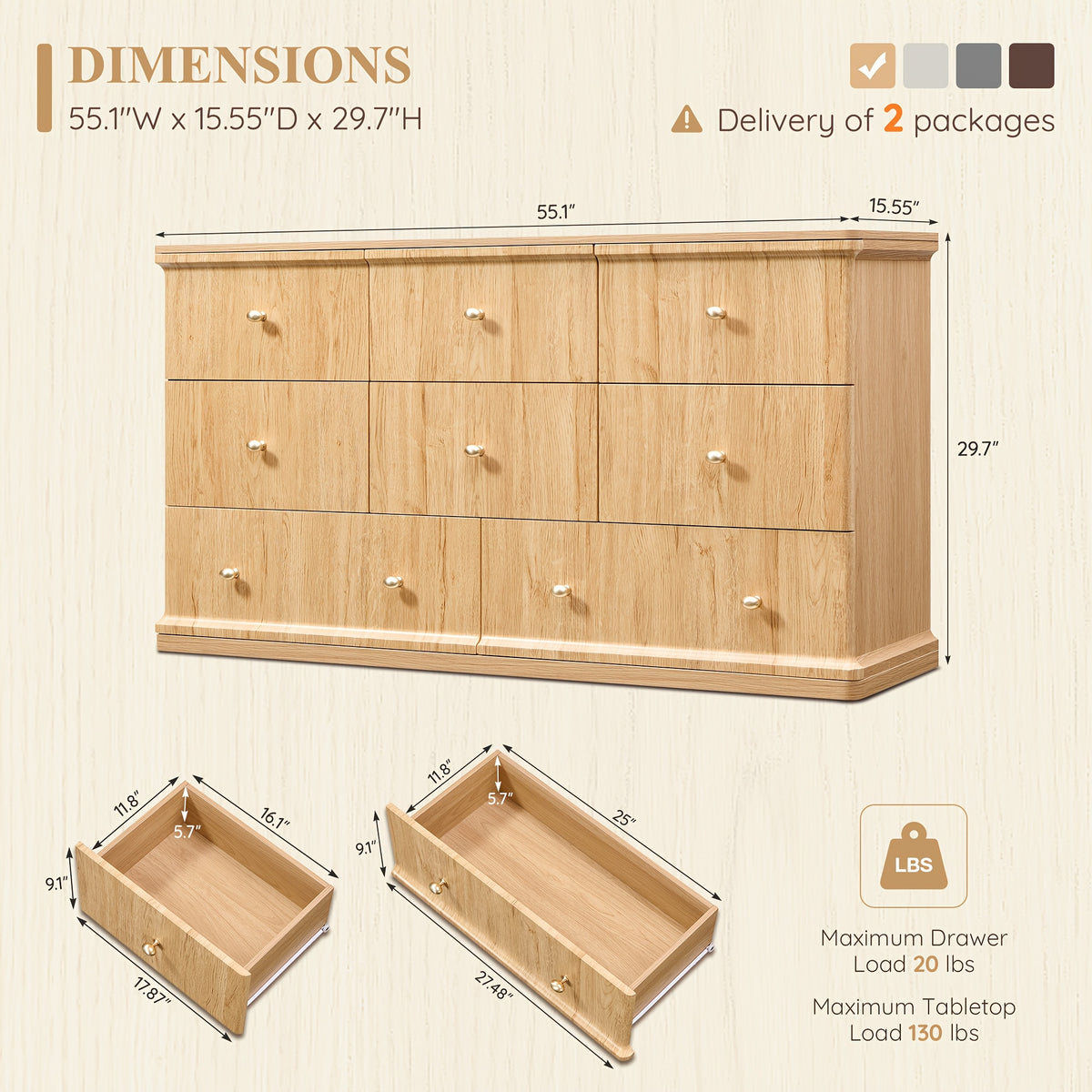 Modern Chest Of Drawer for Bedroom, Wood Dressers with Curved Waterfall Edge, Metal Handle