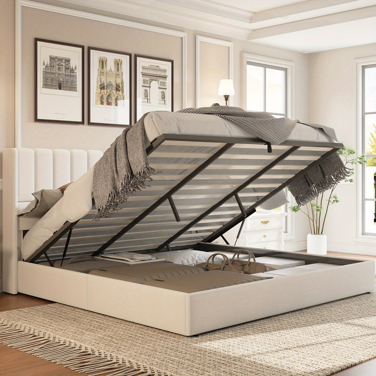 Hydraulic Lift Queen/King Bed - Upholstered Vertical Tufted Headboard, Large Underbed Storage, Sturdy Wood Slats, Space-Saving Bed Frame