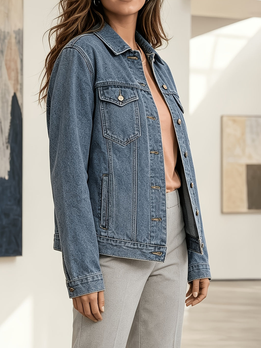 Women'S Cropped Denim Jacket Button-Up Long Sleeve Casual Jean Jacket Spring Fall Winter Outerwear