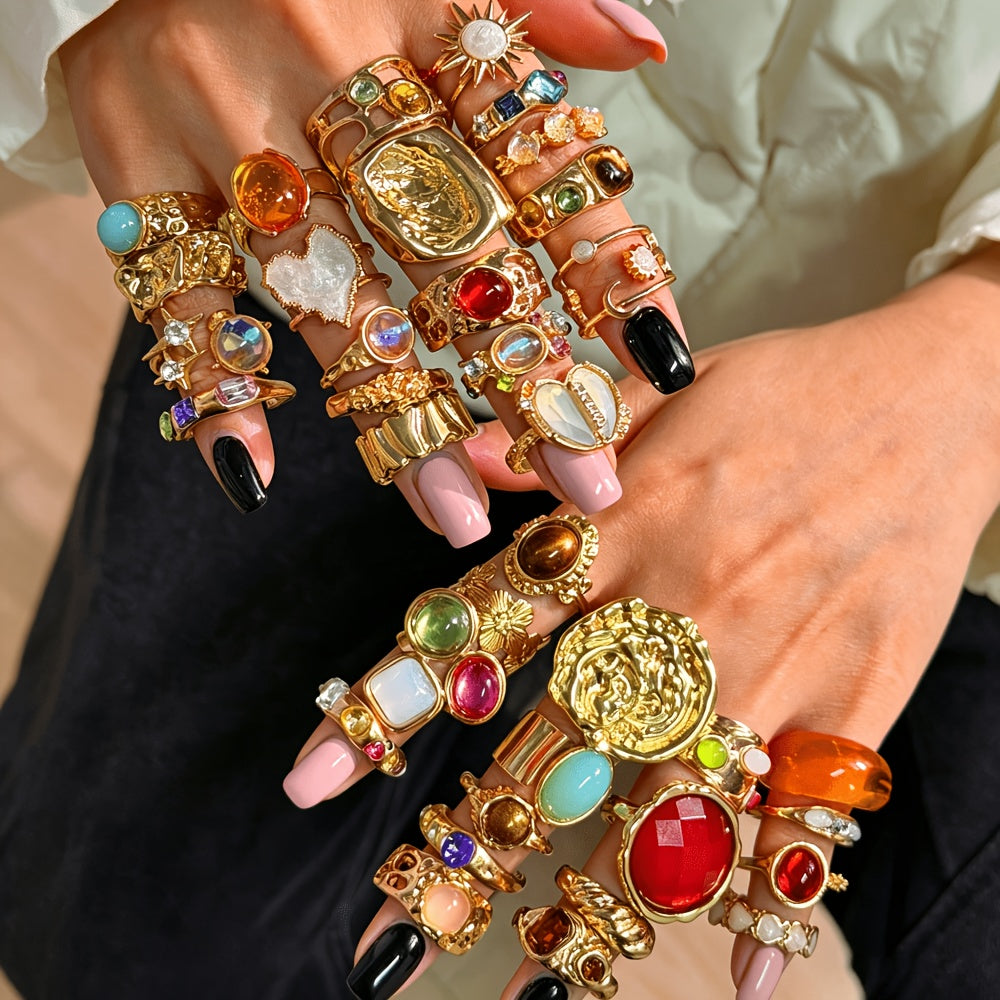 Random 24/13/6pcs Fashion Easy Elegant Grand Luxurious Bling-Bling Sparkling Heart Flower Multicolor Rhinestone Oil Drop Flower Star Imitation Cat'S Eye Stone Sun Wide Band Ring Set Women'S Vacation Party Date Casual Travel Banquet Wedding Daily Mat