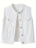 Women's Candy Color Sleeveless Denim Vest Button Jean Waistcoat Collarless Jacket Tassel Design Vest for Women