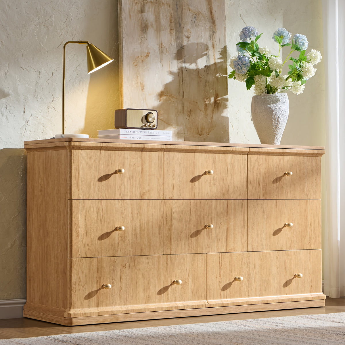 Modern Chest Of Drawer for Bedroom, Wood Dressers with Curved Waterfall Edge, Metal Handle