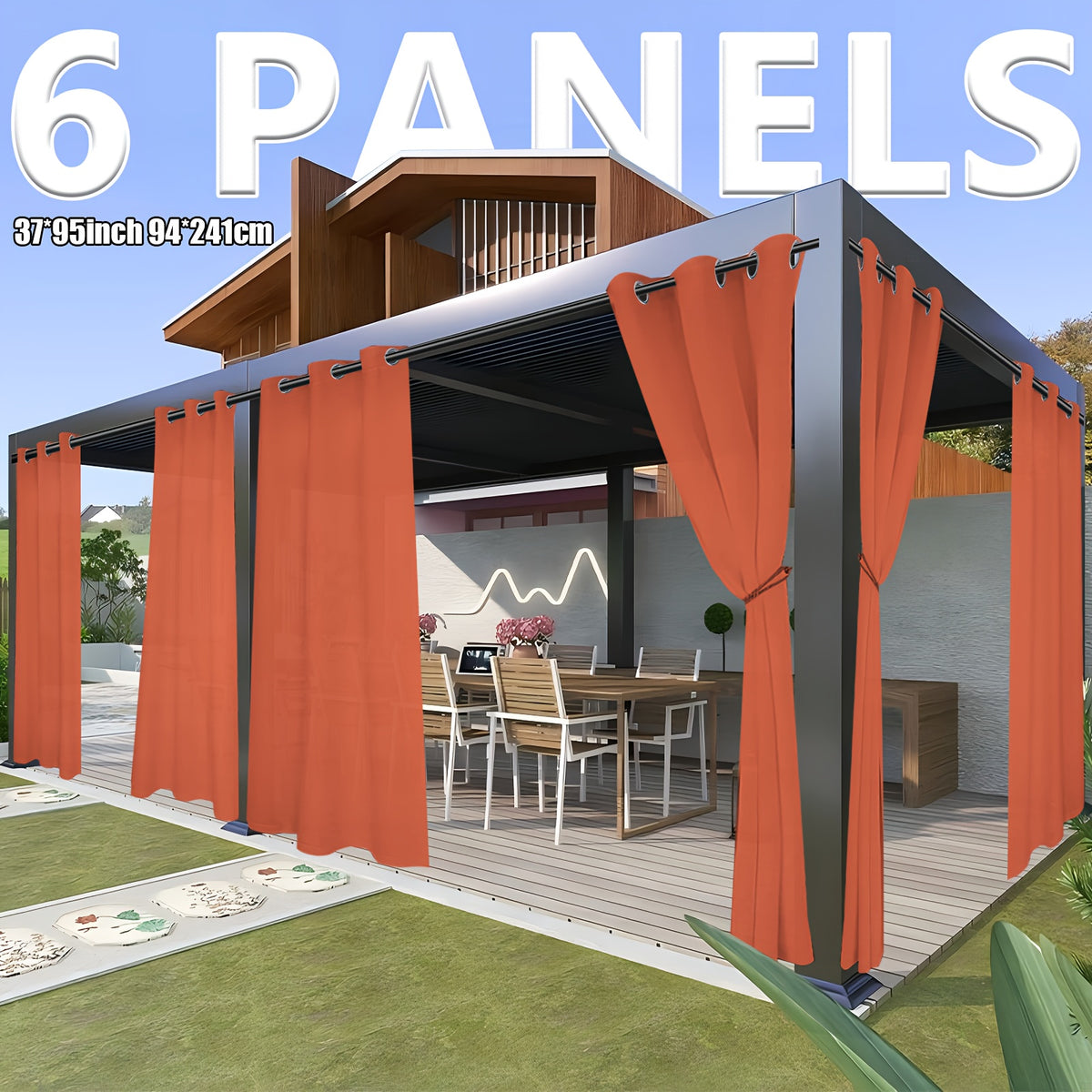 6pcs Modern Waterproof Outdoor Curtain Panels - Light Filtering Privacy Drapes with Grommet Top, Semi- Panels Suitable for Patio, Porch, Gazebo - - Machine Washable Soft Polyester/Nylon