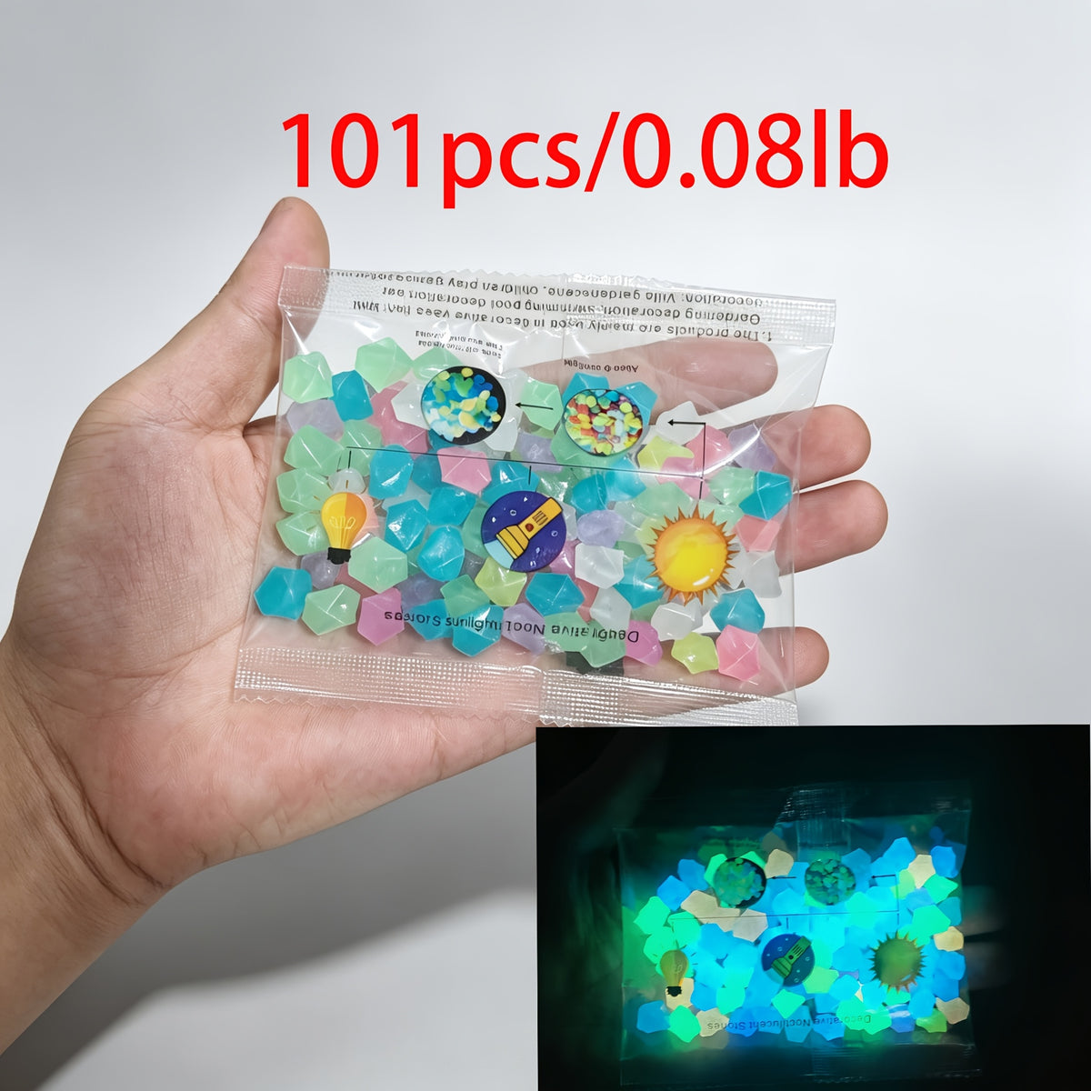101pcs/0.08lb, 0.43-inch Resin Colored Luminous Stones, Absorb Light and Glow in the Dark, for Holiday Decorations, Aquarium and Amphibian Decor, Outdoor Courtyard and Open-air Party Decorations, Garden Path Decor, Embellishment for Garden Walkways