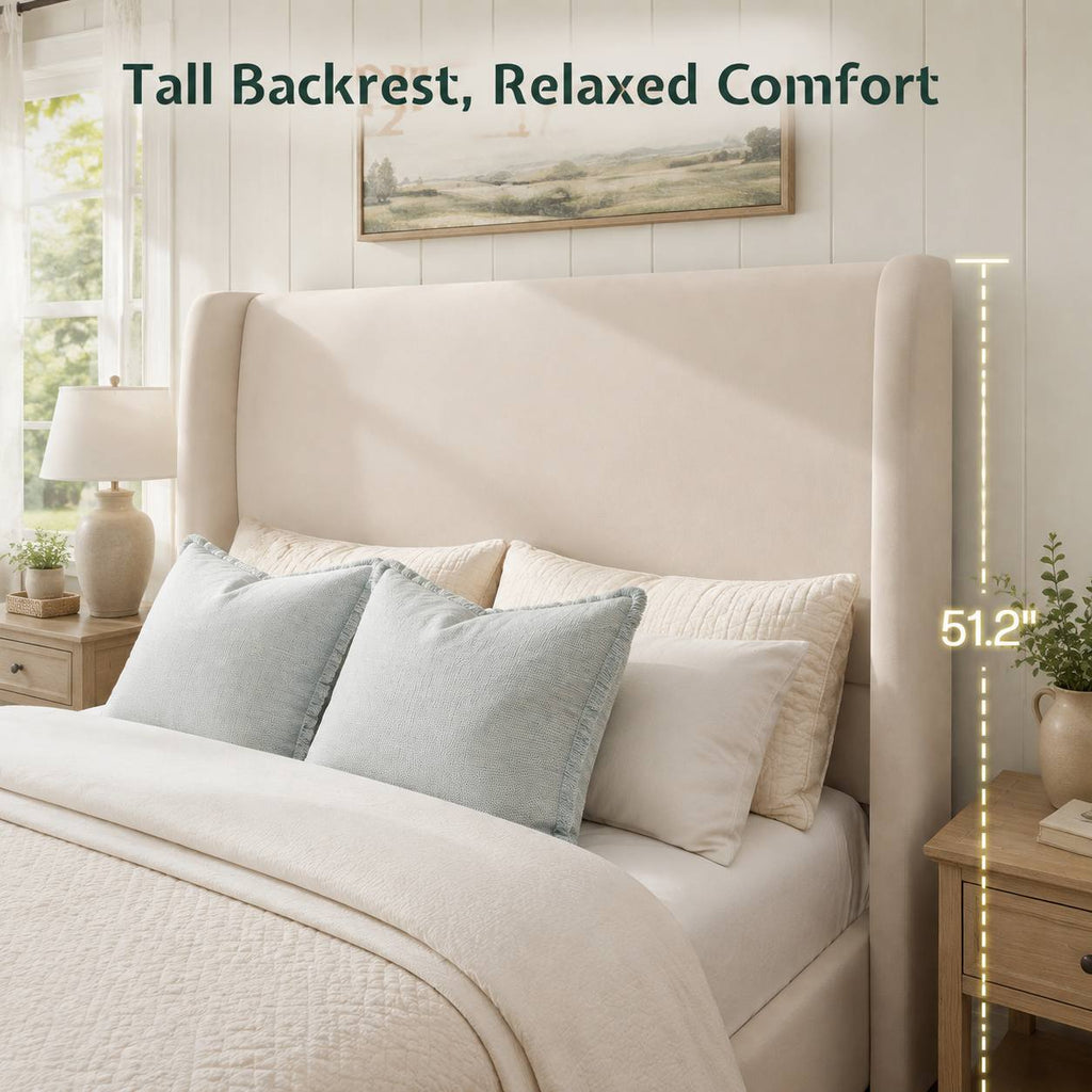 Queen Size Linen Upholstered Bed Frame with Soft Wingback Backrest, Reinforced Slat Support And Refined Minimalist Bedroom Design