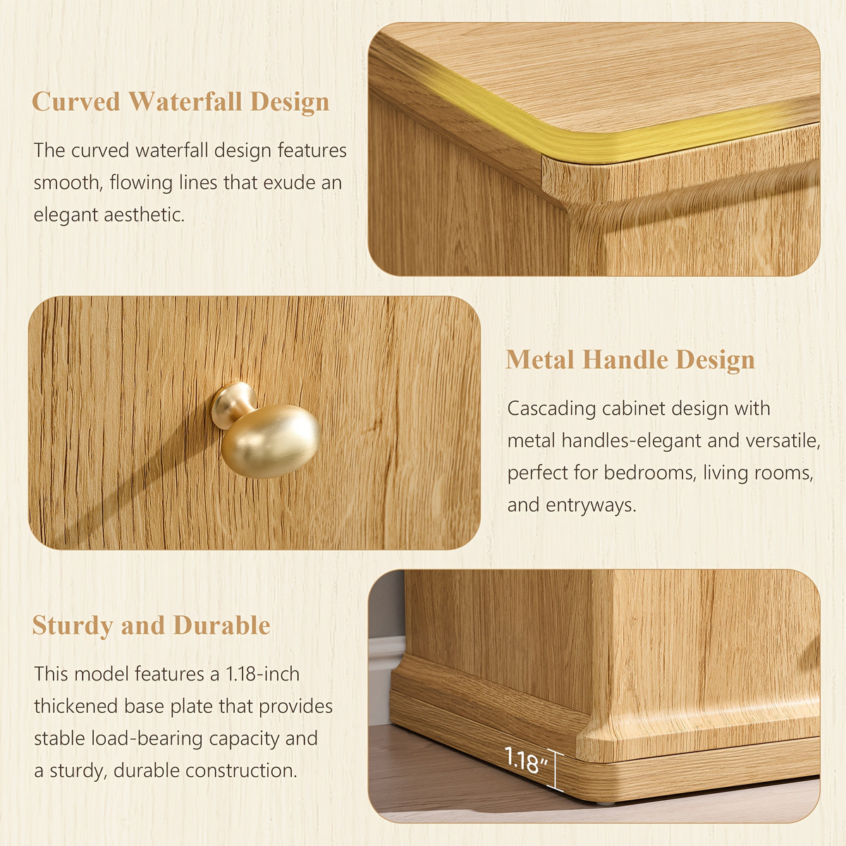 Modern Chest Of Drawer for Bedroom, Wood Dressers with Curved Waterfall Edge, Metal Handle