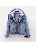 Women'S Casual Denim Jacket, Long-sleeved Hooded Denim Short Jacket, Hat Can Be Removed, Suitable For Spring And Autumn And Any Occasion