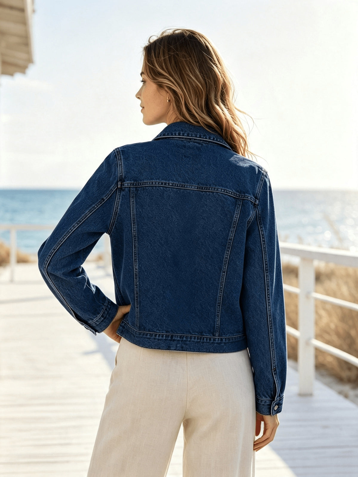 Women'S Cropped Denim Jacket Button-Up Long Sleeve Casual Jean Jacket Fall Winter Outerwear
