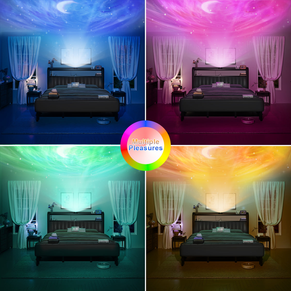 Metal Platform Bed with Storage Ottoman, Upholstered Headboard, Starry Sky Lighting Design, and Reinforced Bed Legs, Easy to Assemble