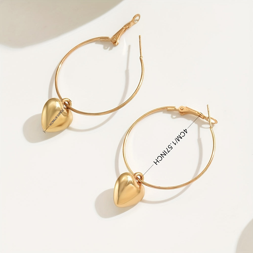 1 Pair of Sweet and Cool Personality Fashion Versatile Creative Heart Pendant C-Shaped Large Hoop Earrings for Women, Suitable for Vacation and