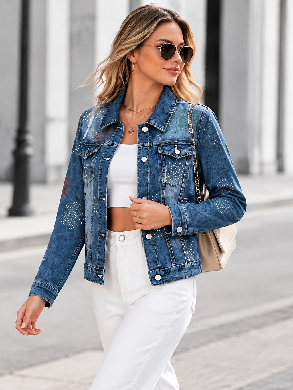 Women' Vintage Distressed Denim Jacket with Sparkly Stained Beads Collar & Chest Pockets - Button- Trucker Suitable for Parties, Festivals, Casual Outerwear, Autumn Winter Jacket, Hand Washable Elegant Blazer