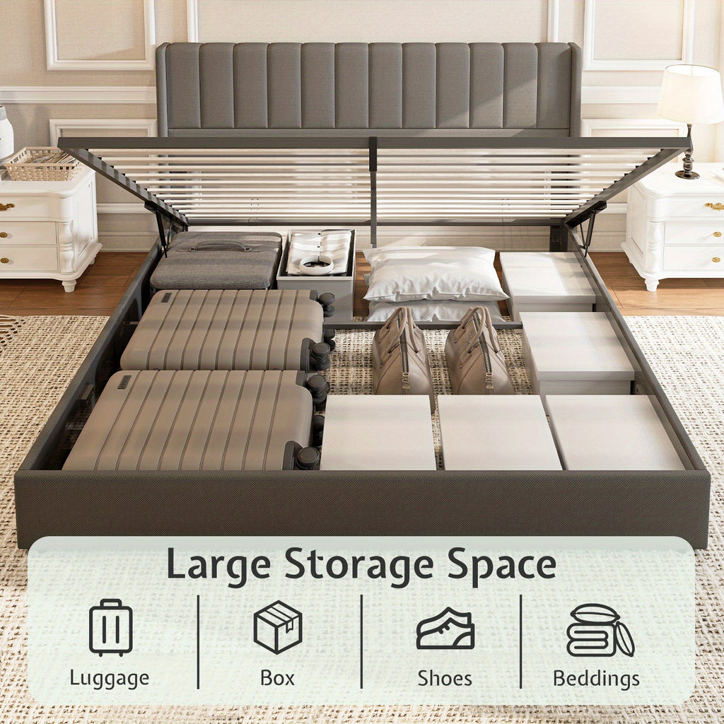 Hydraulic Lift Queen/King Bed - Upholstered Vertical Tufted Headboard, Large Underbed Storage, Sturdy Wood Slats, Space-Saving Bed Frame