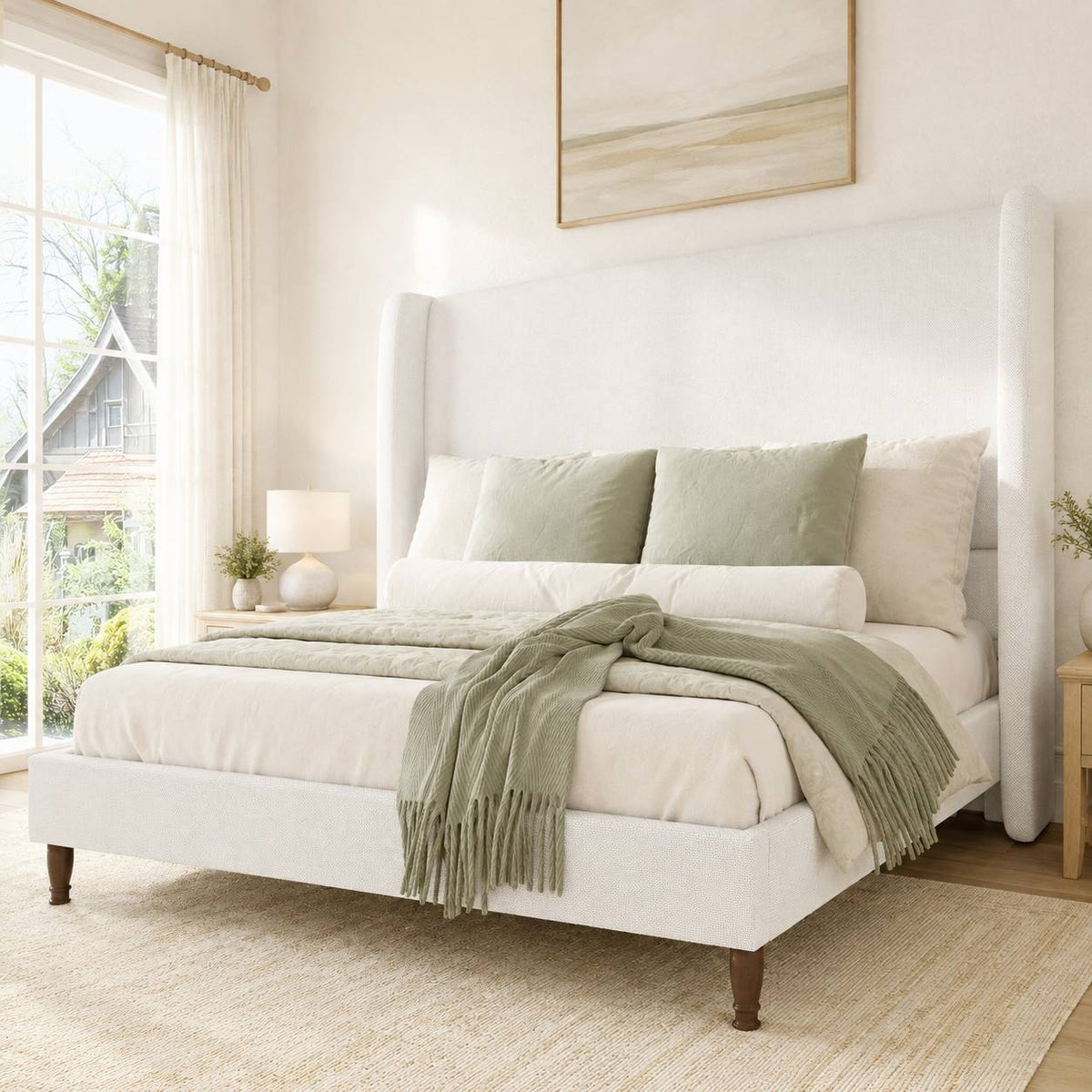 Queen Size Linen Upholstered Bed Frame with Soft Wingback Backrest, Reinforced Slat Support And Refined Minimalist Bedroom Design