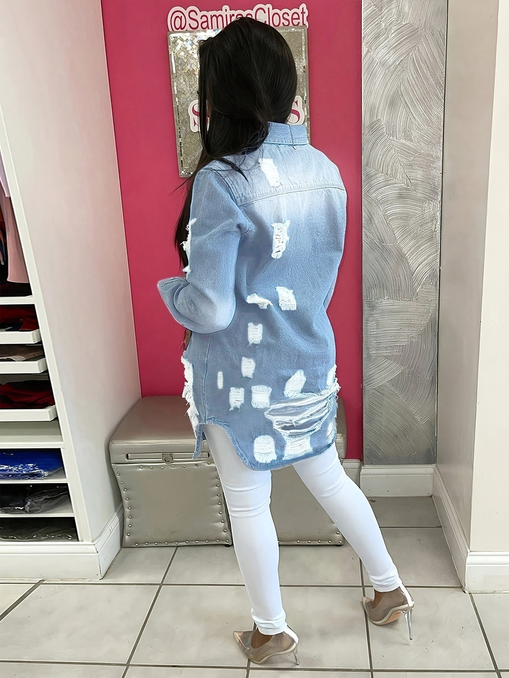 Women'S Denim Jacket, Distressed Ripped Button-Up Sexy Style, Casual Long Sleeve Jean Outerwear